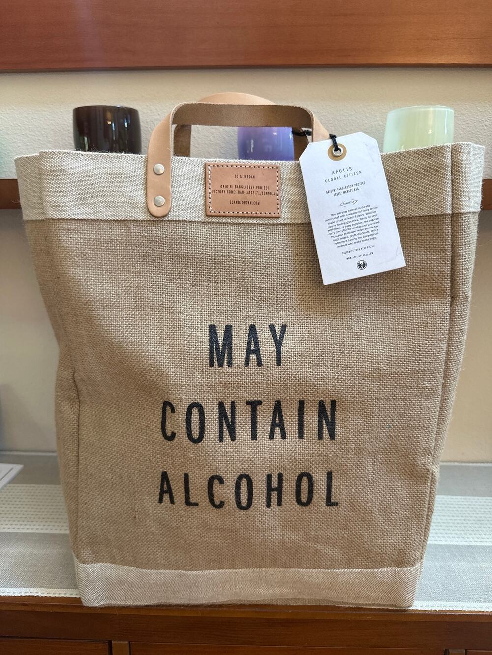 Apolis Global Citizen Large Jute Lined Market Bag "May contain Alcohol"